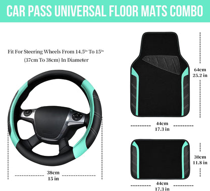 CAR PASS Air Mesh Leather Car Seat Covers Full Set, Waterproof Car Floor Mats, Sporty Steering Wheel Cover 14.5-15in, Universal Fits for 95% Cars Truck SUV (Black and Blue)