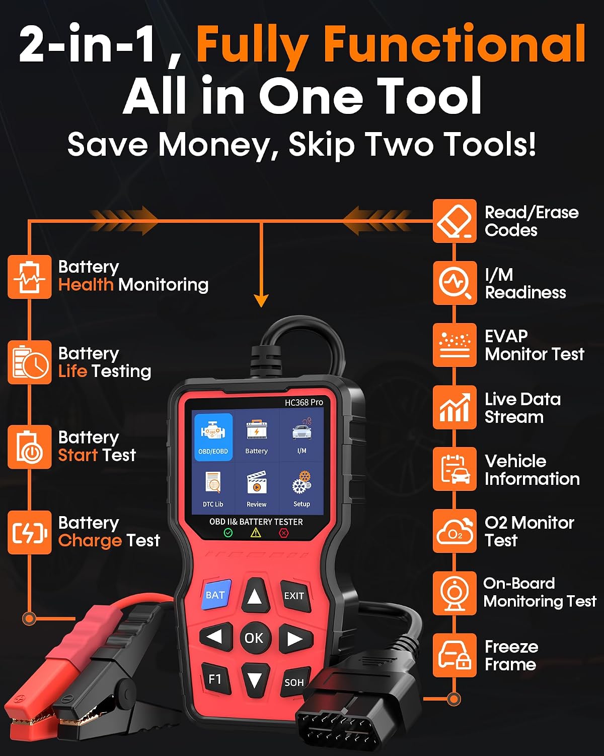 Easy to Use 2-in-1 OBD2 Scanner with Battery Tester: 1S Read & Clear Check Engine Codes + Test Battery in Mins - DIY Car Diagnostic Tool with Cold Cranking Amps for Pre-Trip Safety on 1996+ Vehicles