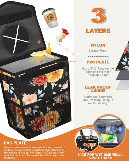 Pritent Car Trash Can with Lid, Cute Leakproof Car Trash Garbage Bag Hanging Vehicle Trash Bin Small Portable Automotive Garbage Cans Organizer for Back/Front Seat/Console(Trapezoid,Black)