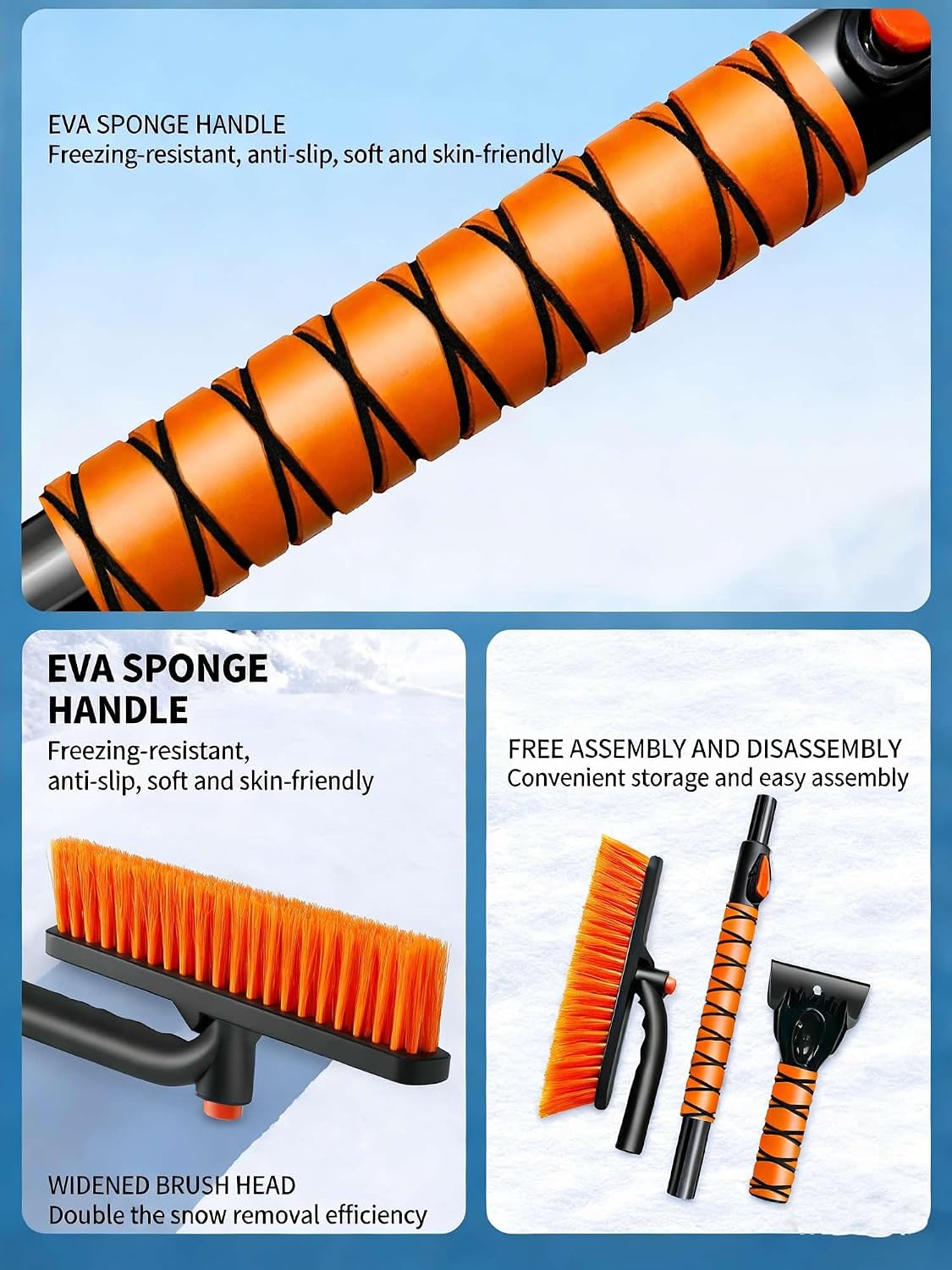 39" Extendable Snow Brush with Ice Scraper & Squeegee for Car Windshield,Rotating Auto Snow Brush with Foam Grip,Heavy Duty Car Snow Brush and Ice Scraper Combo for Truck SUV,Orange