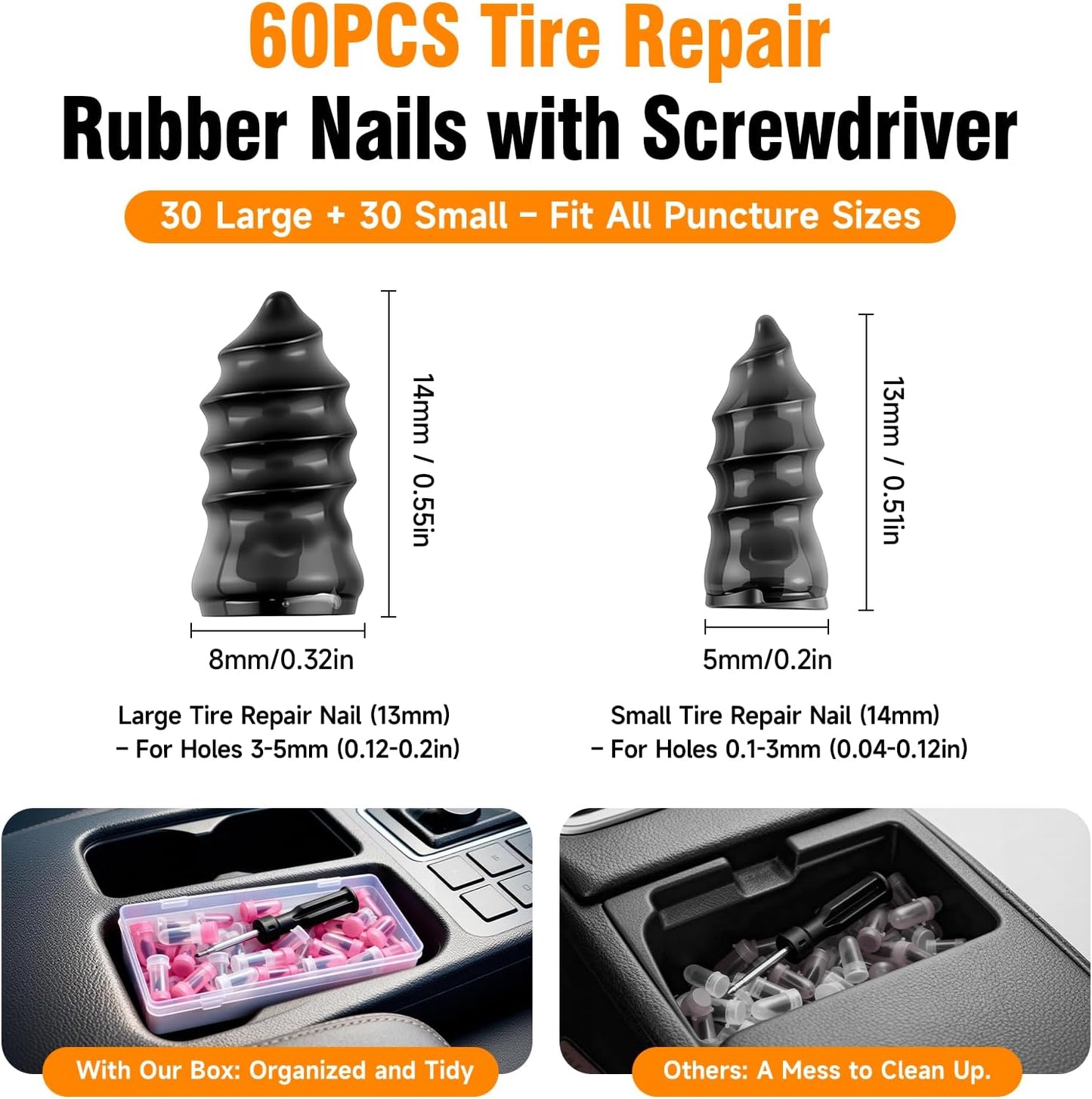 60 PCS Tire Plug Repair Kit with Screw Type Tire Plugs - Professional Grade Tire Repair Kit Screw Plugs for Car, Truck, Motorcycle & Bicycle Flat Tire Emergency Repair Tools, Includes Screwdriver