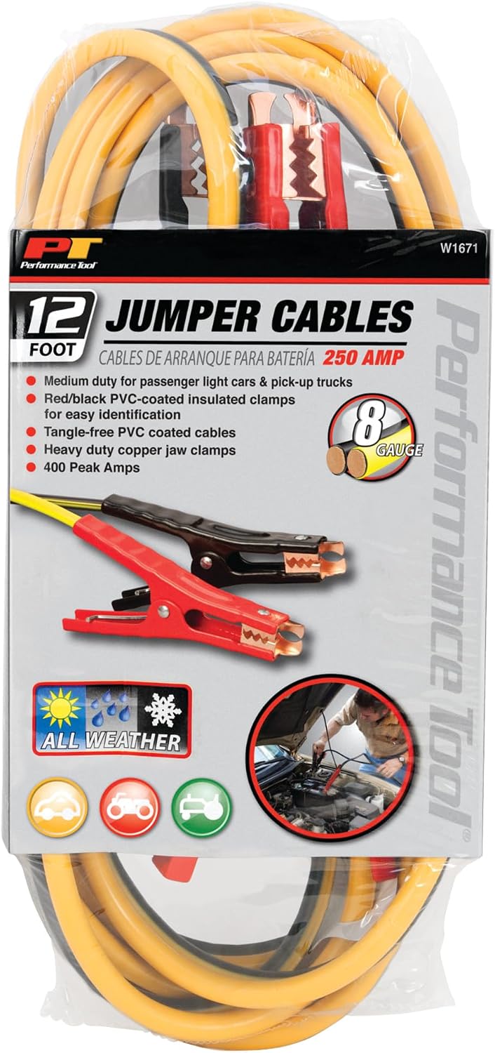 Performance Tool W1675 10ft 4GA Lighted Jumper Cables - Tangle-Free, Heavy Duty Clamps, Suitable for Trucks, SUVs, and Other Large Vehicles