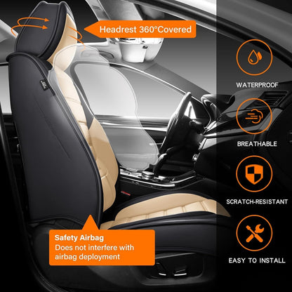 MINGBRON Car Seat Cover Full Set, Leather Car Seat Cover, Waterproof Seat Covers, Car Seat Cushion, Nappa Leather Seat Covers Car Seat Protector Universal Fit Most Cars Black
