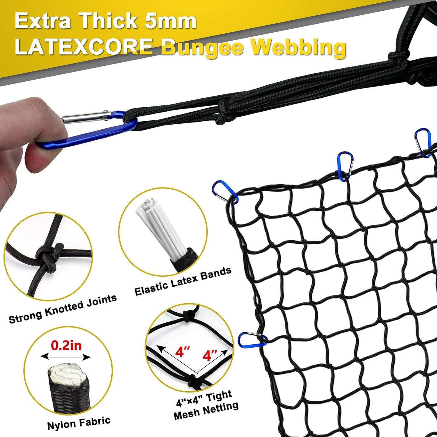Cargo Net 4' x6' Stretches to 8' x 12' Truck Cargo Net for Pickup Truck Bed- Small 4"x4" Mesh Grid Super Duty Bungee Heavy Duty Bed Netting with 12 Adjustable Metal Carabiners by Cenipar