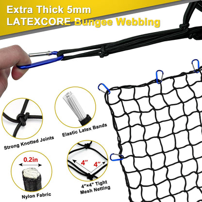 Cargo Net 4' x6' Stretches to 8' x 12' Truck Cargo Net for Pickup Truck Bed- Small 4"x4" Mesh Grid Super Duty Bungee Heavy Duty Bed Netting with 12 Adjustable Metal Carabiners by Cenipar