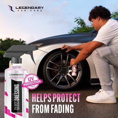 Legendary Gloss Dressing with Applicator 16oz - Tire Shine Spray & Plastic Restorer – Water Based & Non-Greasy Interior/Exterior Detailing Spray - Trim, Rubber, Vinyl & Plastic Restorer for Cars