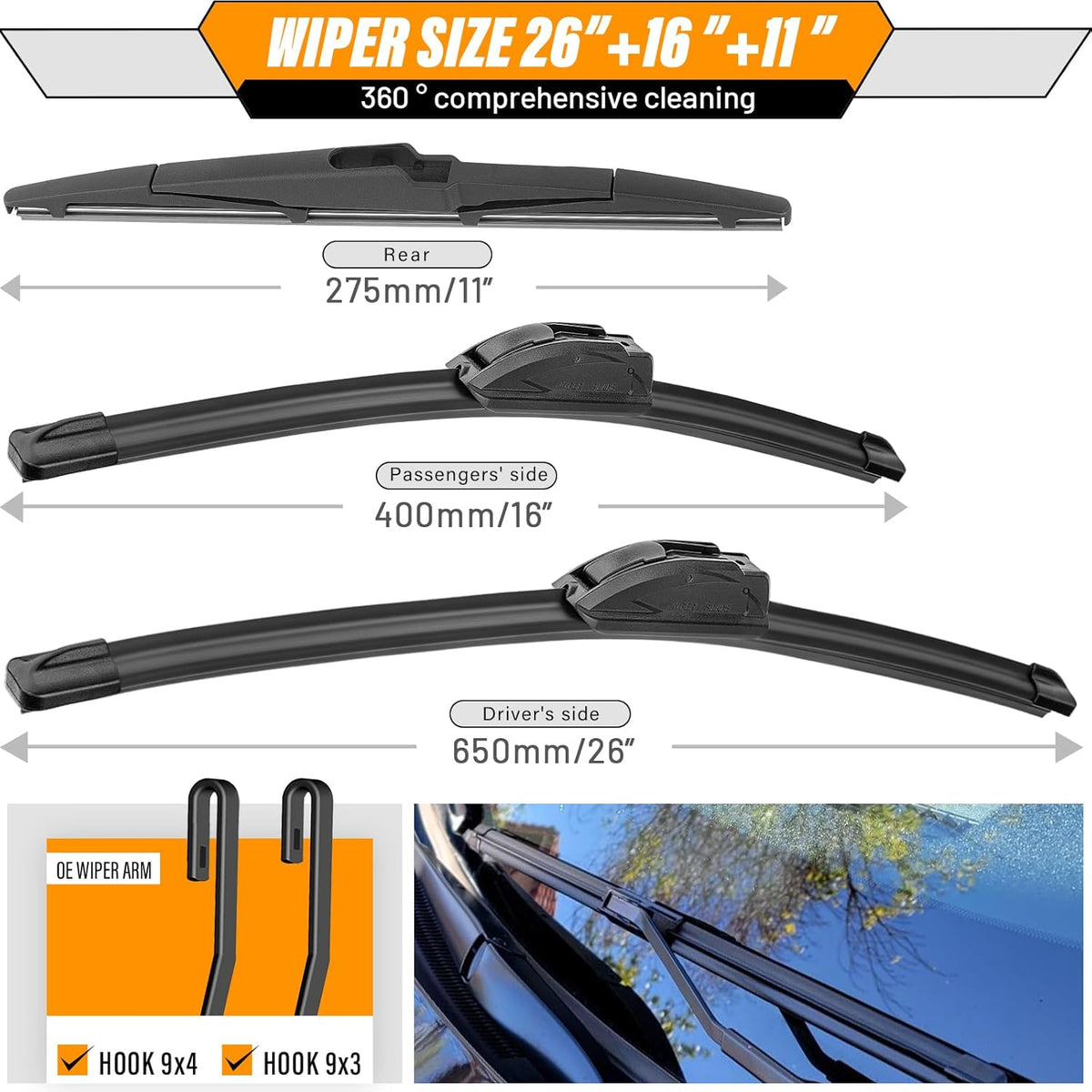 AUTOBOO 3-Pack Windshield Wiper Blades for Subaru Outback 2020-2025, Original Equipment Replacement 26"+18" Front and 16" Rear, All-Weather Performance, Easy One-Click Install