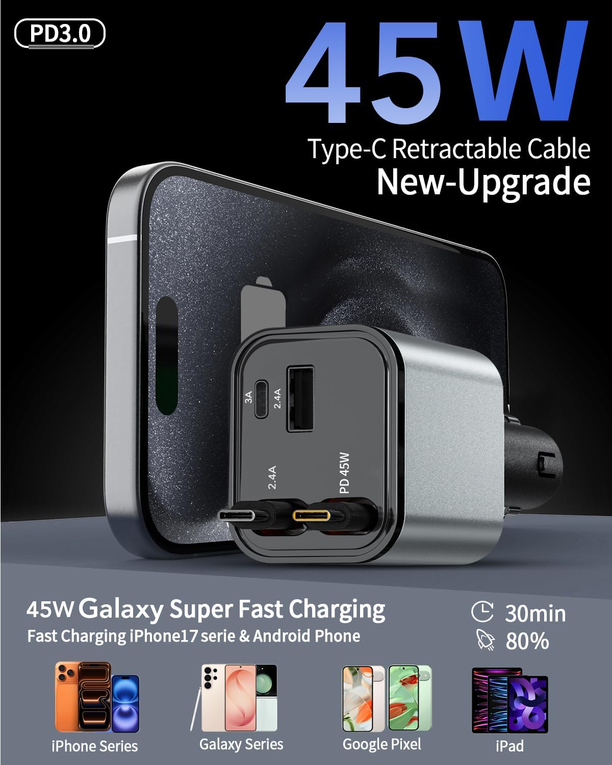 Retractable Car Charger,Car Phone Charger USB C Fast Charge,Cigarette Lighter USB Charger Car Accessories for Women,Road Trip Essentials Gift for Men,Car Charger for iPhone 17/16/15,Galaxy S26,Pixel
