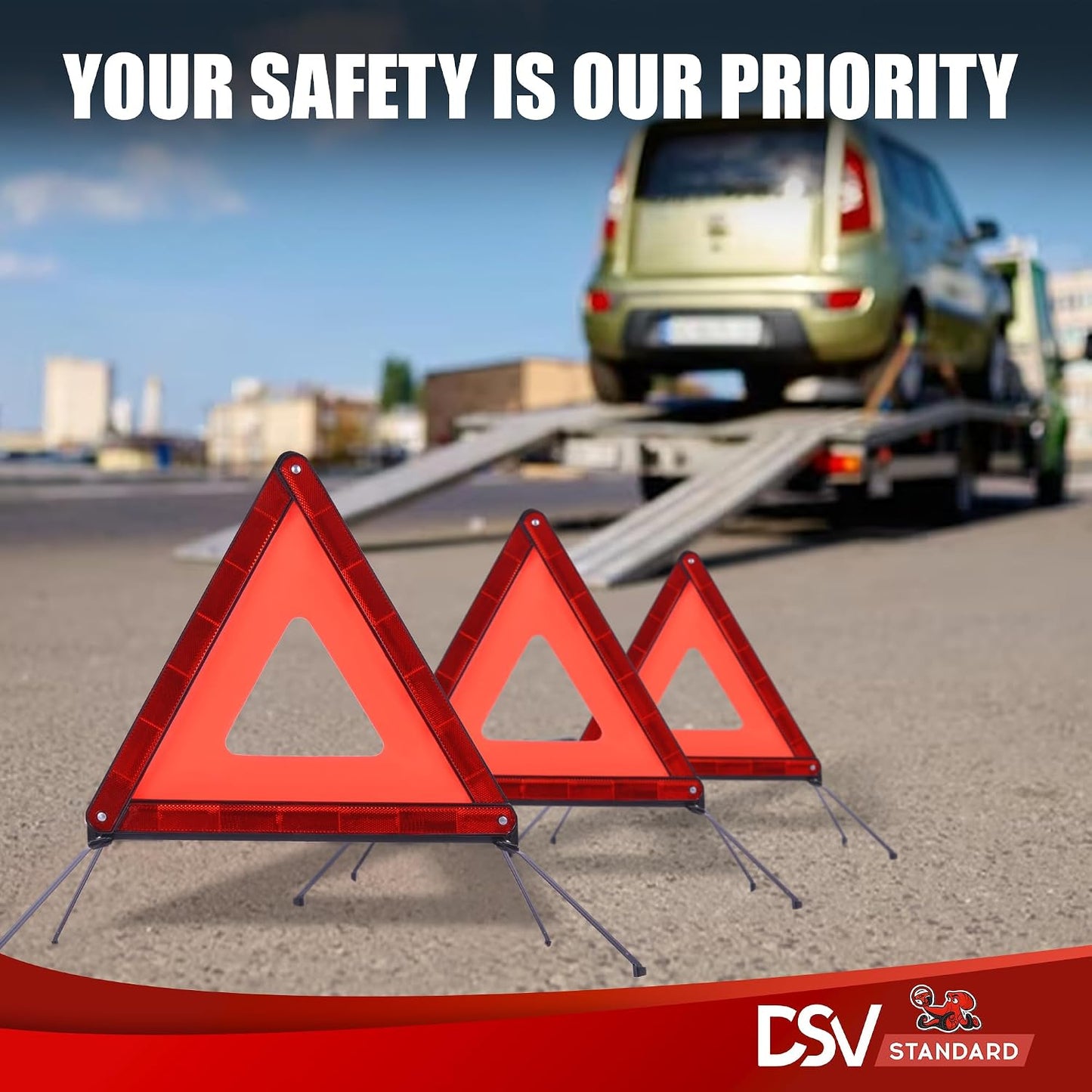DSV Standard Emergency Triangles, Warning Triangles for Vehicles, Reflective Triangle, Safety Triangles with Case for Vehicles Breakdown, 3-Pack