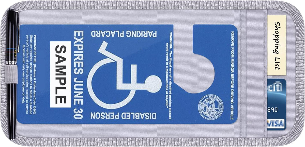Handicap Placard Holder for Auto, Wisdompro Disabled Parking Permit Sign Protector for Car Sun Visor with Note Paper Slot, Pen Holder and Elastic Strap - Black