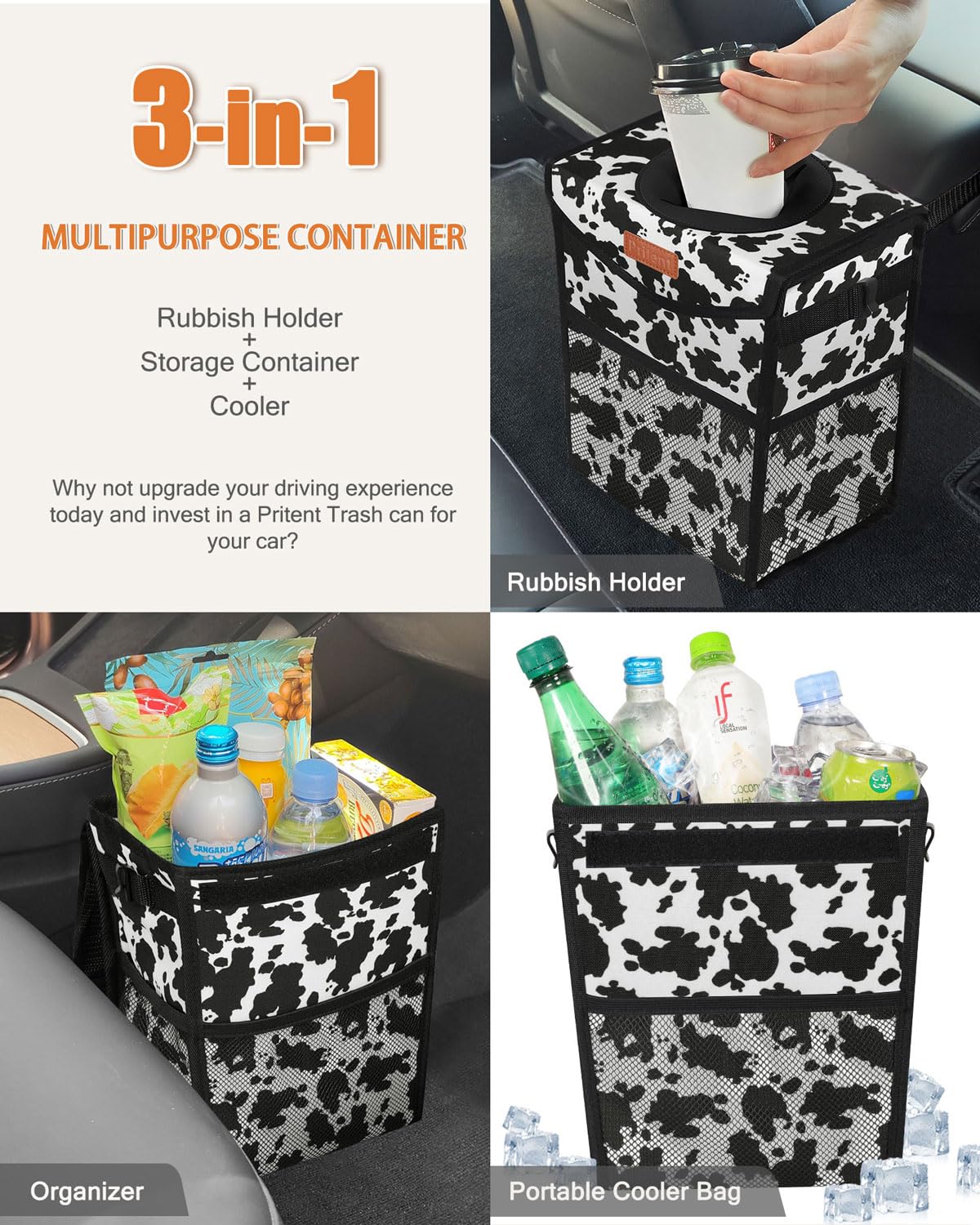 Pritent Car Trash Can with Lid, Cute Leakproof Car Trash Garbage Bag Hanging Vehicle Trash Bin Small Portable Automotive Garbage Cans Organizer for Back/Front Seat/Console(Trapezoid,Black)