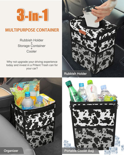 Pritent Car Trash Can with Lid, Cute Leakproof Car Trash Garbage Bag Hanging Vehicle Trash Bin Small Portable Automotive Garbage Cans Organizer for Back/Front Seat/Console(Trapezoid,Black)