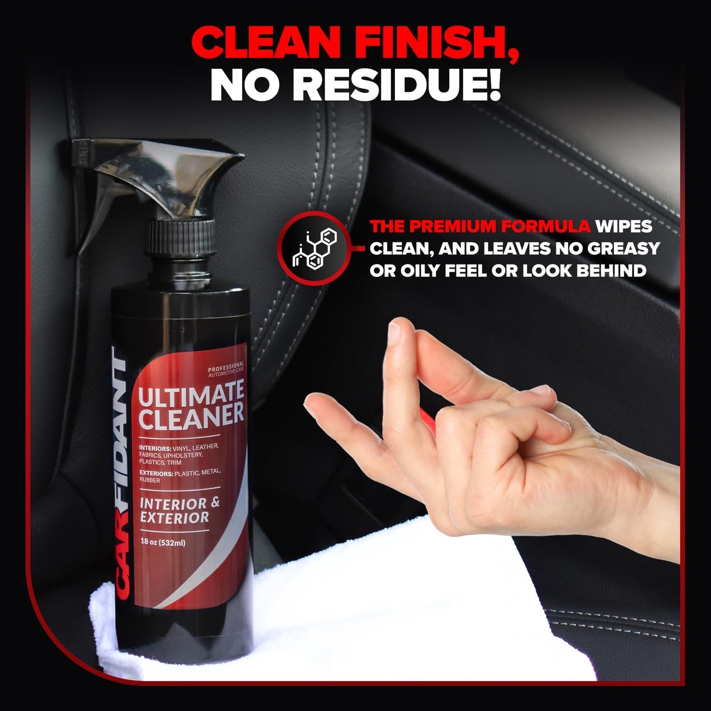 Carfidant Car Interior Cleaner – Stain Remover & Odor Eliminator – No Residue Finish – Safe on Leather, Fabric, Carpet & Plastic – Detailing Spray with Microfiber Towel – 18oz
