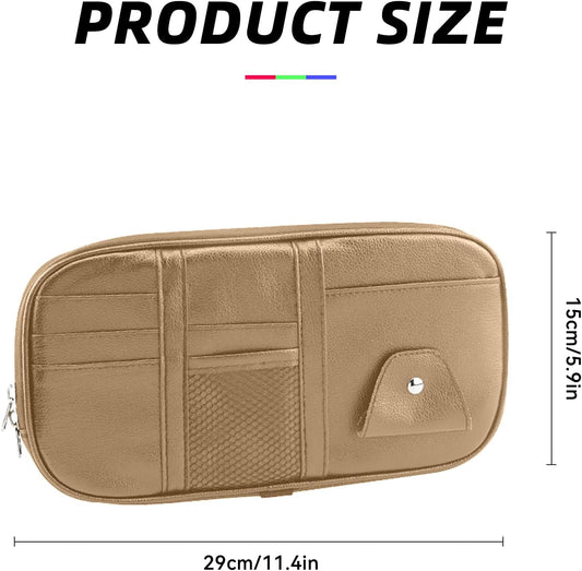 Car Sun Visor Organizer, Multi-Pocket PU Leather Sunglass Holder and Storage Pocket with Net Zipper, Card Sleeve Pocket Organizer, Auto Interior Accessories for Vehicle, Truck, SUV (Gray)