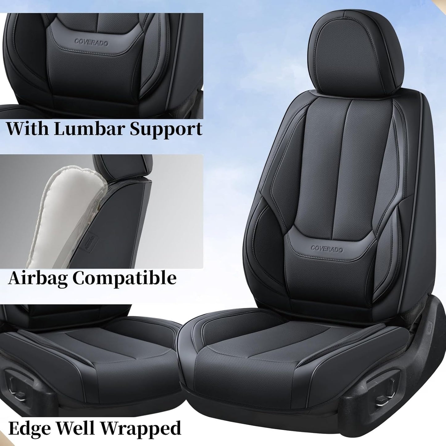 Coverado Seat Covers Full Set, Black Seat Covers for Cars 5 Seats, Car Seat Protector, Waterproof Nappa Leather Car Seat Cushion, Front and Rear Car Seat Cover Fit for Most Sedans SUV Pick-up Truck - Colors A