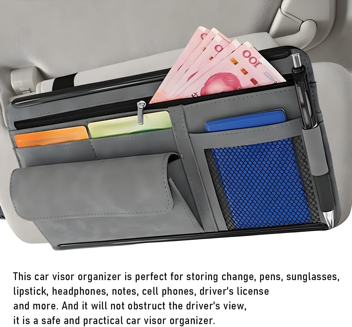 Yourkar Car Sun Visor Organizer, Soft Leather Surface Eyeglasses Note Card Holder Car Storage Bag, Scratch-Resistant Waterproof Auto Sunshade Organizer Bag, Car Accessories (Gray)