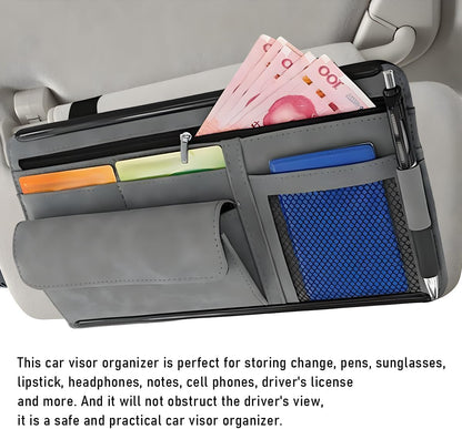 Yourkar Car Sun Visor Organizer, Soft Leather Surface Eyeglasses Note Card Holder Car Storage Bag, Scratch-Resistant Waterproof Auto Sunshade Organizer Bag, Car Accessories (Gray)