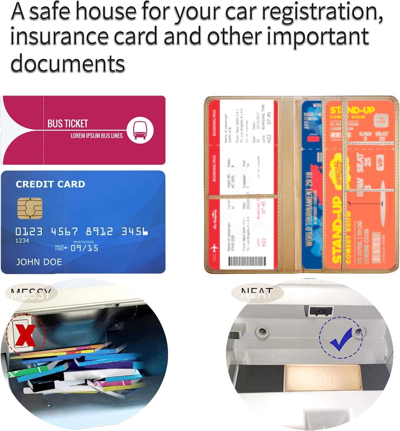 Car Registration and Insurance Card Holder - Leather Vehicle Glove Box Automobile Documents Paperwork Wallet Case Organizer for ID, Driver's License, Key, Cards - Car Accessories for Women&Men