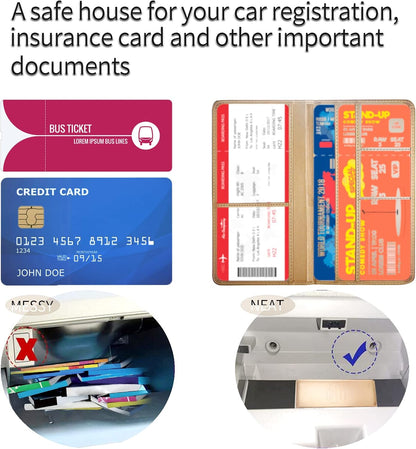 Car Registration and Insurance Card Holder - Leather Vehicle Glove Box Automobile Documents Paperwork Wallet Case Organizer for ID, Driver's License, Key, Cards - Car Accessories for Women&Men