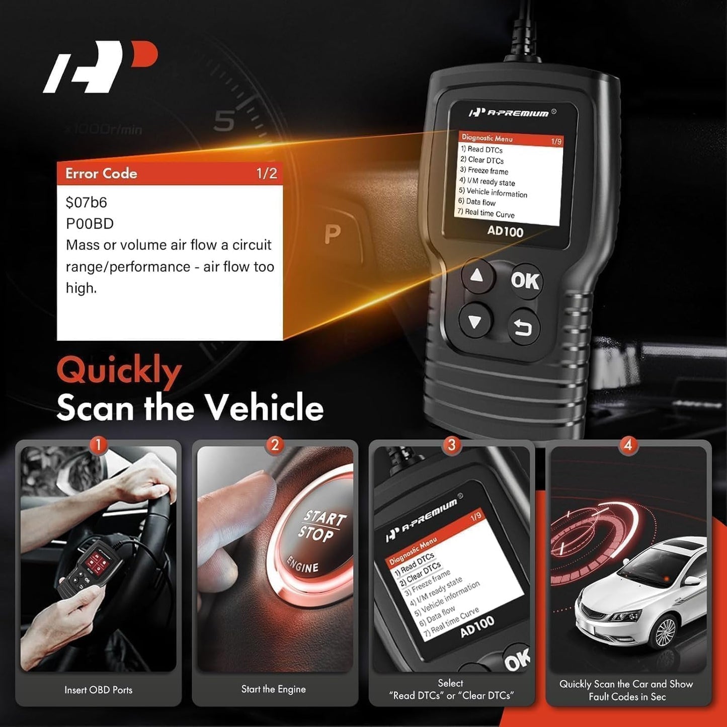 A-Premium AD200 Professional OBD2 Scanner Car Diagnostic Tool, OBDII EOBD Code Reader, Enhanced Check Car Engine Light Diagnostic Scan Tool, Upgraded Fault Code Scanner for All Vehicles from 1996