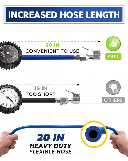 GERCHWAY Tire Inflator with Pressure Gauge and Longer Hose - Most Accurate, Heavy Duty Air Chuck with Gauge for Air Compressor Tire Inflator Attachment - 100PSI