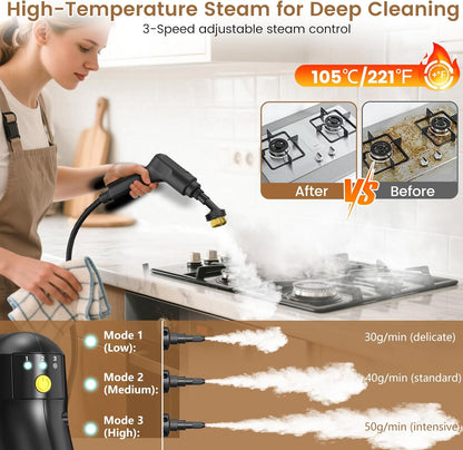 Pressurized Steam Cleaner, 3-Level Adjustable Handheld Steamer Cleaning for Home, 15s Fast Heat-Up & 47.3oz Tank, 2500W Multi-Surface Portable Steamer for Floor/Grout/Car/Kitchen & Bathroom