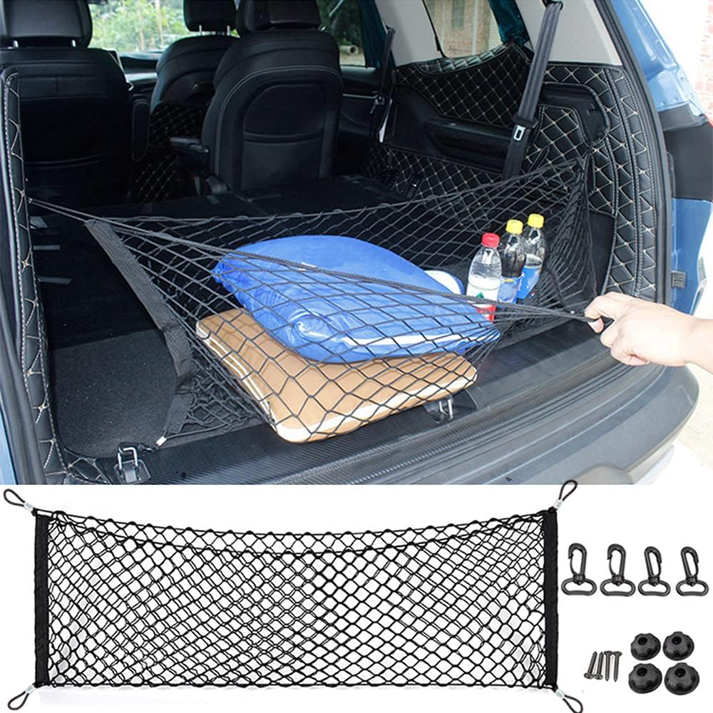 Car Rear Cargo Net, Universal Adjustable Elastic Trunk Cargo Storage Organizer Net Compatible for SUV, Jeep, Truck, Storage Nylon Mesh Double-Layer with Hooks (35.4 x 15.7 Inch)