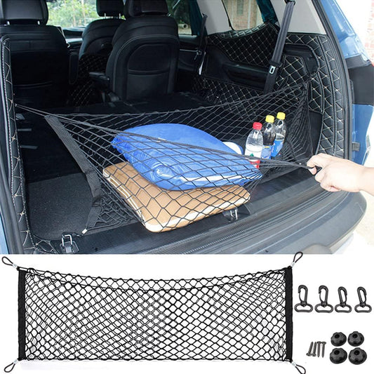 Car Rear Cargo Net, Universal Adjustable Elastic Trunk Cargo Storage Organizer Net Compatible for SUV, Jeep, Truck, Storage Nylon Mesh Double-Layer with Hooks (35.4 x 15.7 Inch)