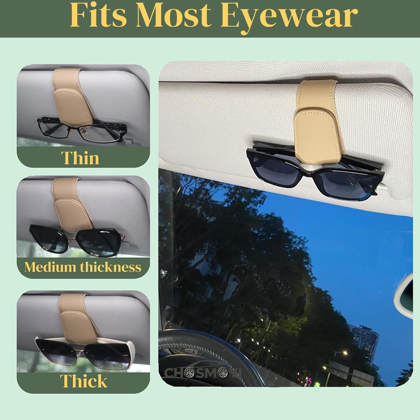 CHOSMOYI Magnetic Leather Sunglass Holder for Car, Sunglasses Clip for Car Visor, Auto Interior Accessories Universal for Different Size Eyeglasses (Black)