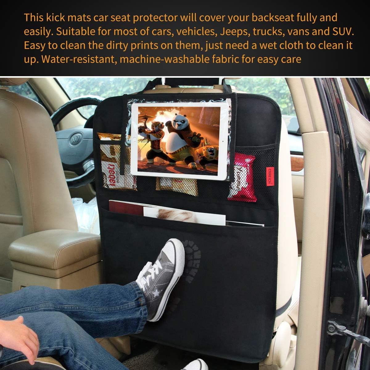 Kaiphy Car Backseat Organizer Premium Quality Car Kick Mats with 10" Tablet Holder - Extra Large Pocket- Sturdy Top 2Pack