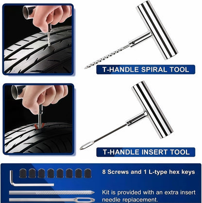 55PCS Tire Repair Kit – Heavy Duty Plug & Patch Kit with Tire Gauge & Valve Tools – Emergency Flat Tire Repair for Car, Truck, Motorcycle, ATV, SUV – Includes Storage Bag & Manual