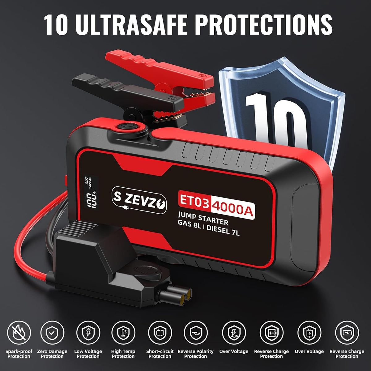 S ZEVZO ET03 4000A Car Jump Starter Jump Starter Battery Pack for Up to 8.0L Gas and 7.0L Diesel Engines, 74Wh Portable 12V Jump Box with USB Ports, LCD Display, Storage Case, and LED Light