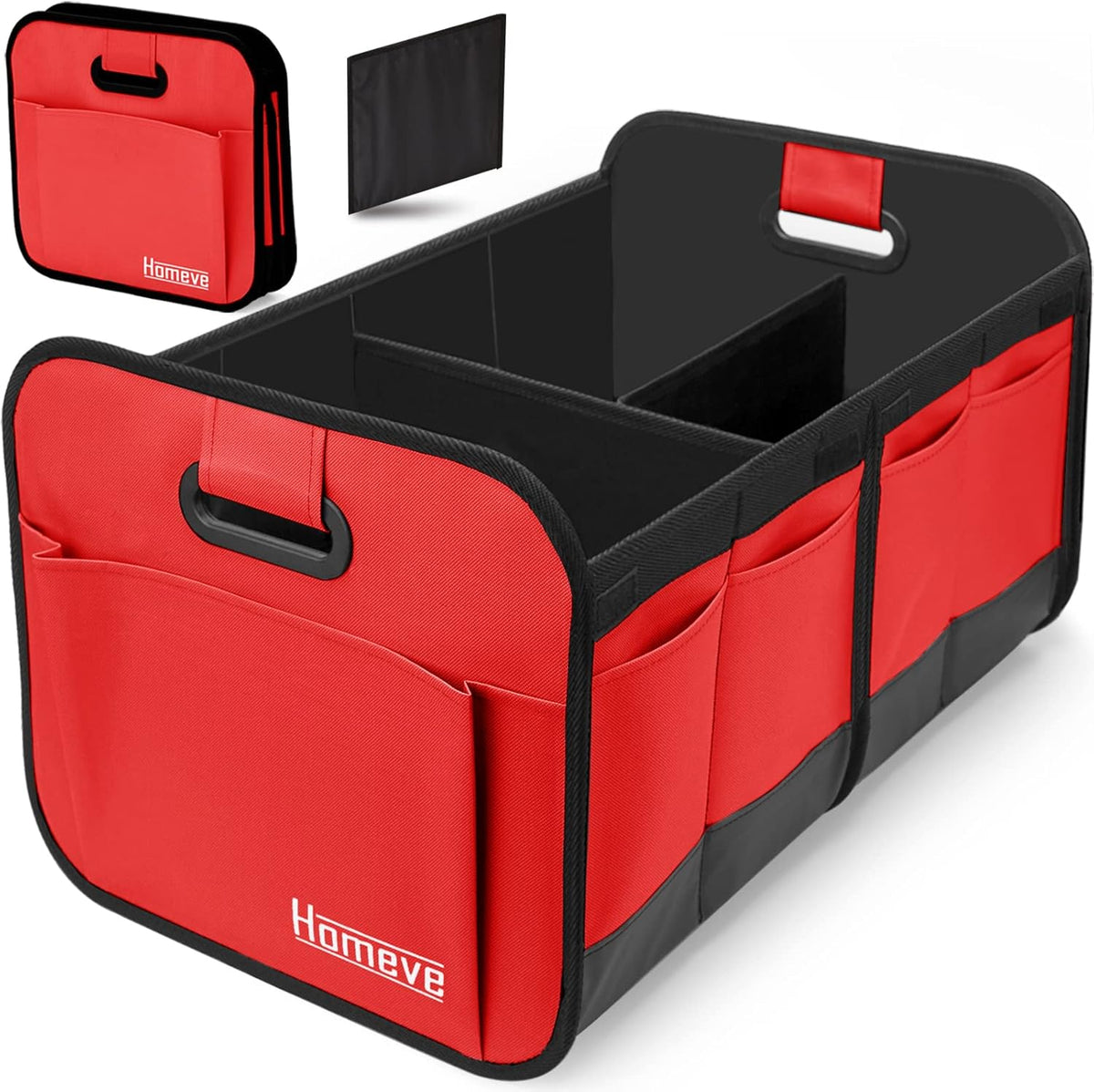 Homeve Car Trunk Organizer for SUV, 18.5Gal Large Capacity No-Sag Heavy Duty, Foldable Waterproof Anti-Slip Storage with 12 Pockets, Fit Sedan,Truck, Universal Car Accessories, Black, Large, 2 Compart