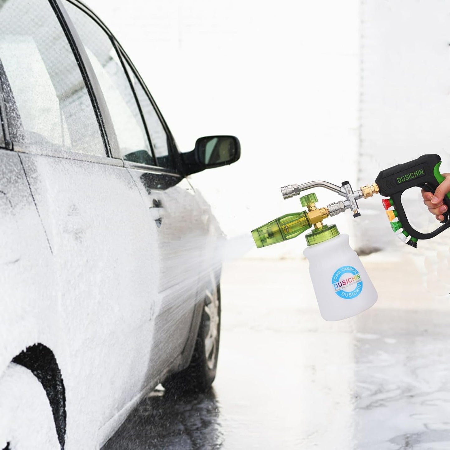 DUSICHIN Pressure Washer Gun Foam Cannon Dual Connector Shift Valve, Car Wash Foam Cannon Kit 1/4 Inch Quick Connector 5 Pressure Washer Nozzle Tips Build-in Design Work with A Pressure Washer DUS2703