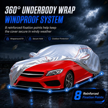 Car Cover for Sedan, Waterproof All Weather Heavy Duty, 360° Underbody Wrap Windproof Design, Quick Install Outdoor Vehicle Cover, Fits 186-193 in