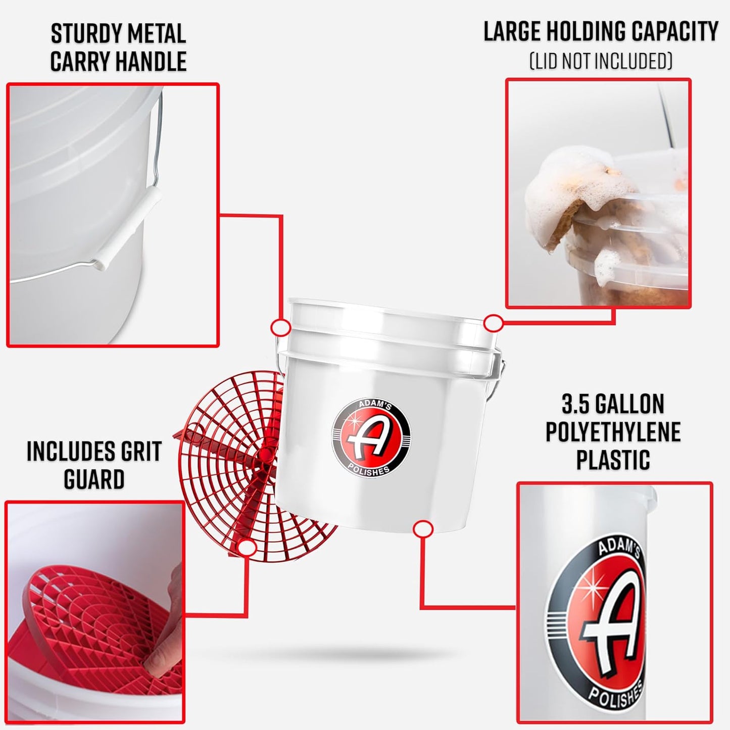 Adam's Polishes Car Wash Bucket (5 Gallon Bucket + Grit Guard + Gamma Seal Lid), Perfect Car Tool for Washing & Garage Storage, Stores Car Wash Soap, Foam Cannon, Foam Gun, Microfiber Towels & More