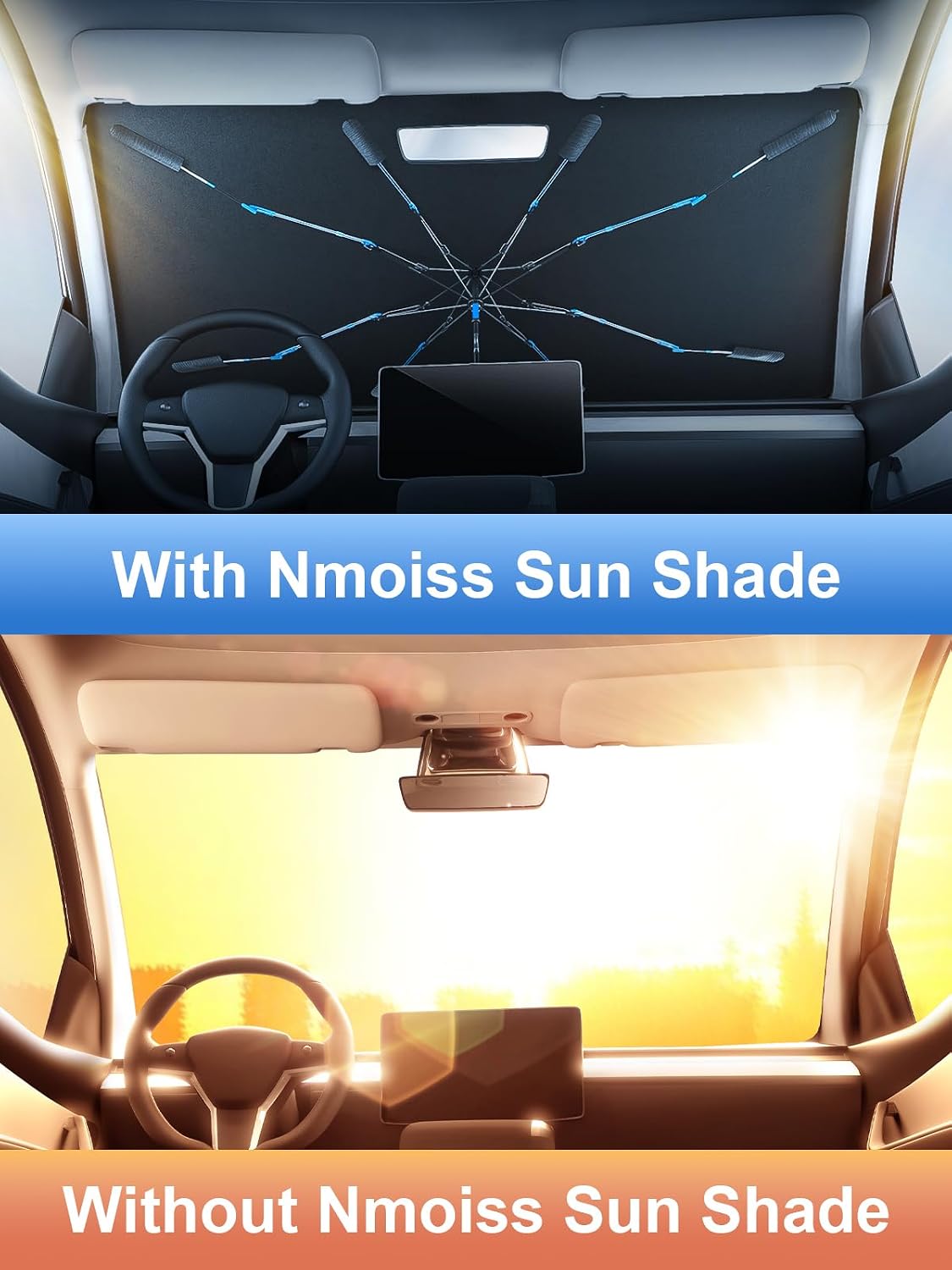 [Drive to Superior Coolness & Comfort] Nmoiss Ice Rib Windshield Sun Shade Umbrella High Speed Cooling 99% UV Blocking Protects Car from Sun and Heat Damage Medium (56" L x 31" W)