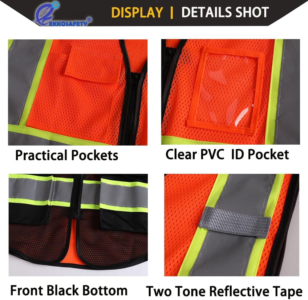 Reflective Mesh Safety Vest for Men Women with 5 Pockets and Zipper Front High Visibility Mesh Vest Hi Vis Construction Work Vest,Meets ANSI/ISEA Standards(EK175-Yellow-L)