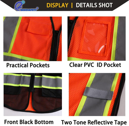 Reflective Mesh Safety Vest for Men Women with 5 Pockets and Zipper Front High Visibility Mesh Vest Hi Vis Construction Work Vest,Meets ANSI/ISEA Standards(EK175-Yellow-L)