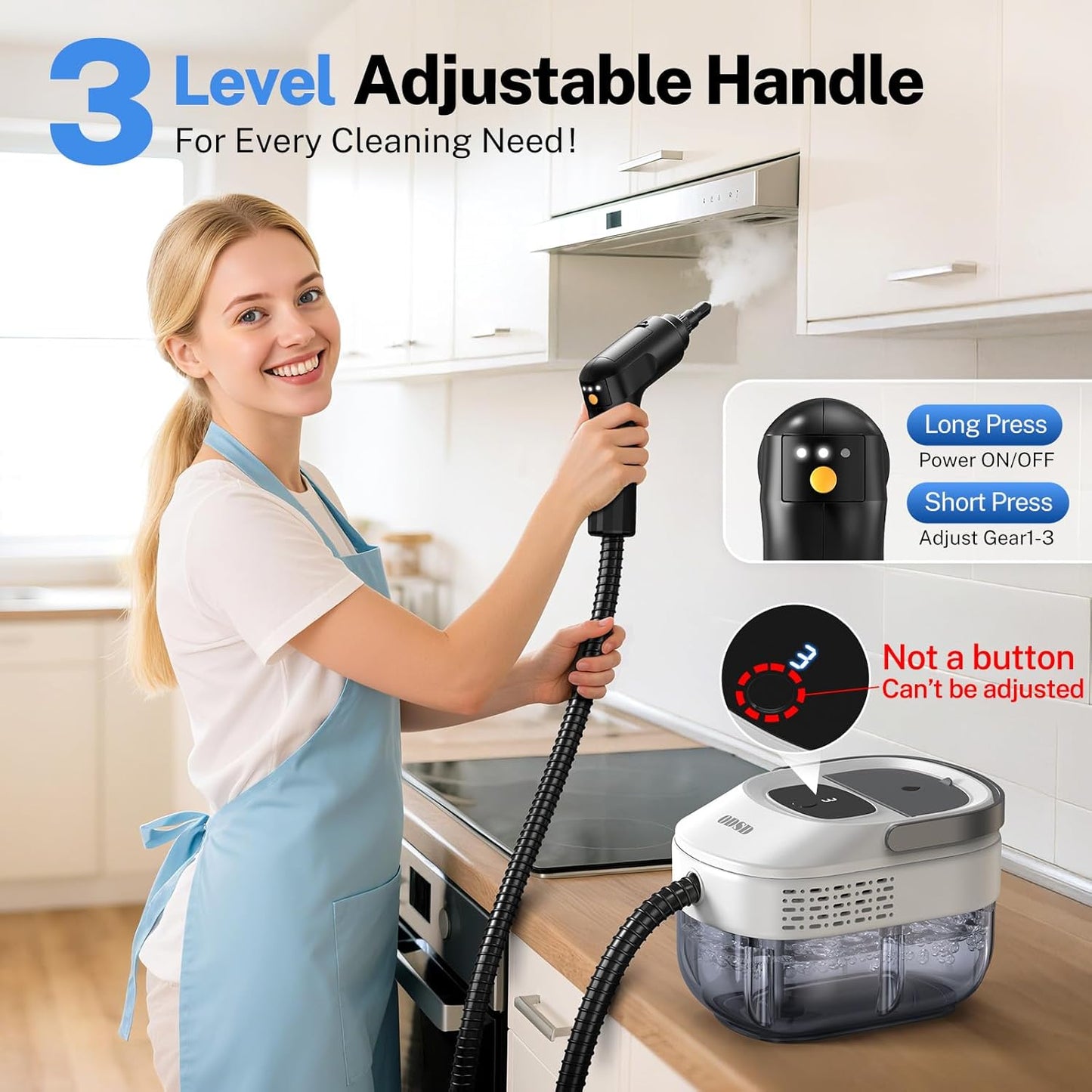 ODSD Steam Cleaner for Home & Car, 3-Level Adjustable Steamer for Cleaning, 15s Heat-Up & 1.6L Large Tank, Handheld Steam Cleaner for Car Detailing, Home, Tile, Grout,Furniture with 15pcs Accessories