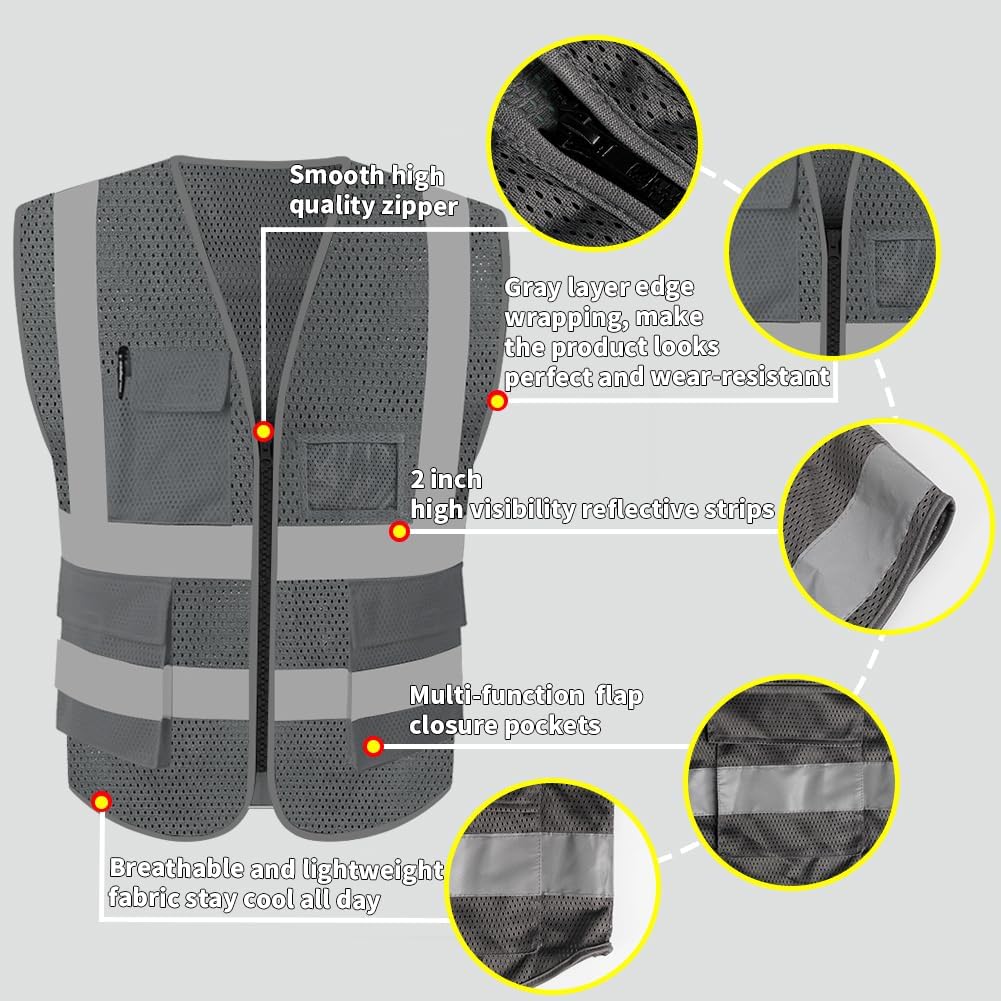 HYCOPROT High Visibility Mesh Safety Reflective Vest with Pockets and Zipper, Meets ANSI/ISEA Standards