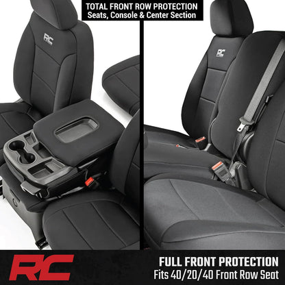Rough Country Neoprene Seat Covers for Chevy Silverado & GMC Sierra 1500 (2019-2026) w/No Rear Seat Storage or Cup Holder - Waterproof & UV Resistant, Foam Padded, Front & Rear Row Cover Set