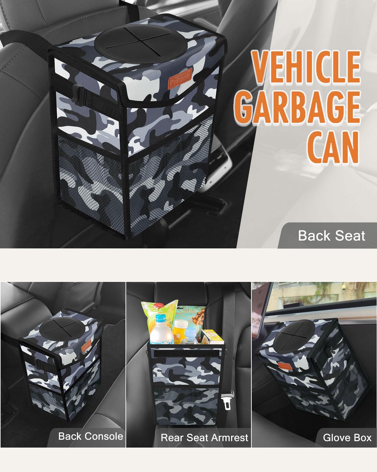 Pritent Car Trash Can with Lid, Cute Leakproof Car Trash Garbage Bag Hanging Vehicle Trash Bin Small Portable Automotive Garbage Cans Organizer for Back/Front Seat/Console(Trapezoid,Black)