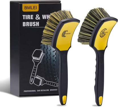 BMLEI Wheel & Tire Brush Set, 2 Pack Car Wheel Brush & Tire Cleaner Brushes, Soft Bristle Rim Brush and Stiff Tire Scrub Brush, Scratch-Free Wheel Cleaning Kit for Car Detailing, Trucks, SUVs
