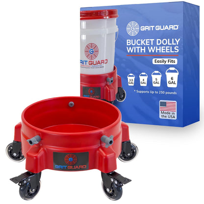 GRIT GUARD Bucket Dolly with Wheels - Rolling Detailing Wash Bucket with 5 Wheels and 2 Locking Casters Compatible with 2.5, 4, 5 and 6 Gallon Buckets (Red, 2" Roller Bearing) - Made in the USA