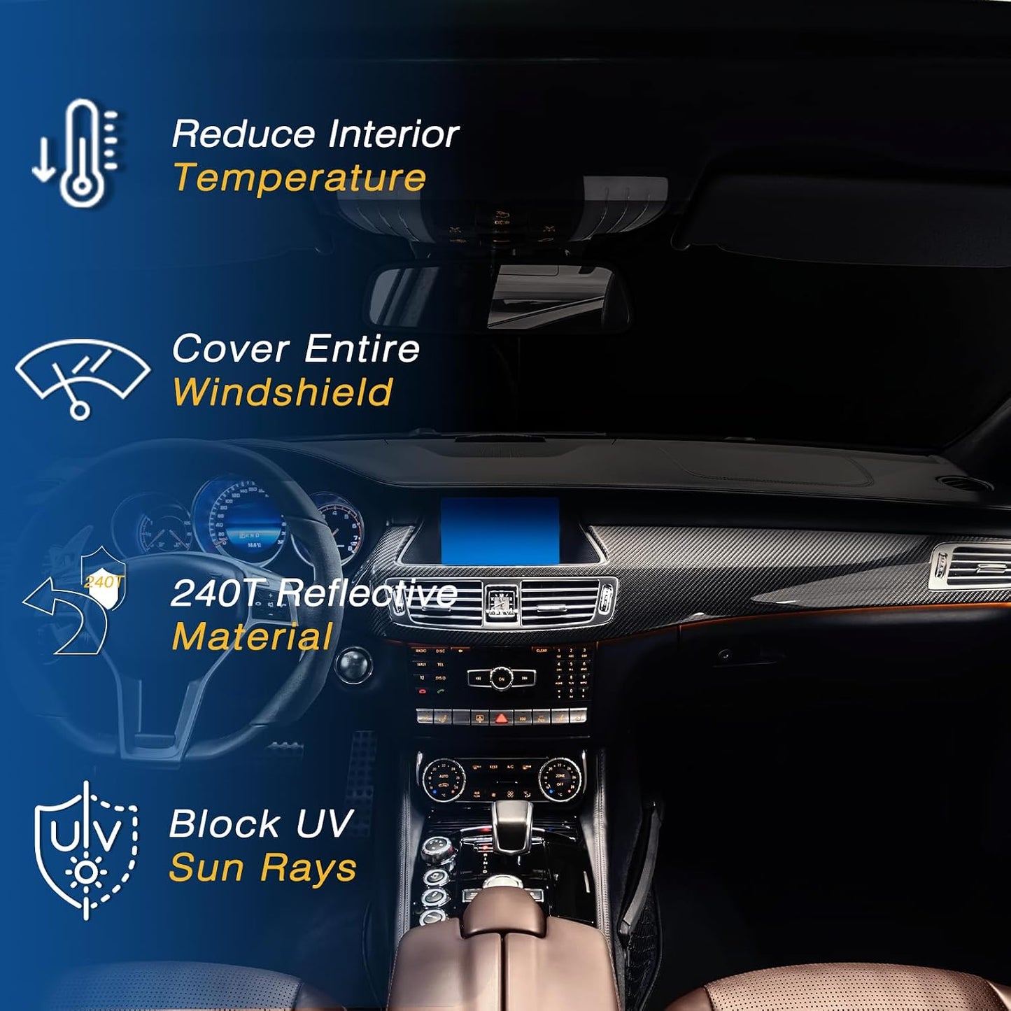 Windshield Sun Shade - Car Sun Shade Windshield, Reflector Sunshade Offers Ultimate Protection for Car Interior, Foldable Front Window Fit for Hatchback, Truck, SUV, MPV
