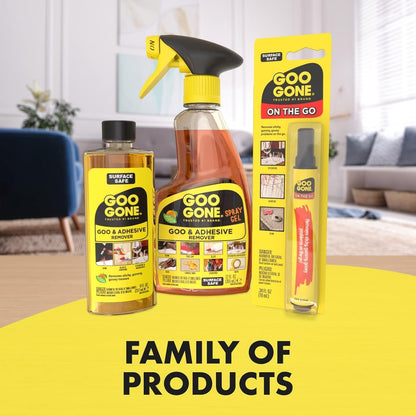 Goo Gone Spray Adhesive Remover Gel 12 Oz with Scraper, Removes Glue, Stickers, Tape Residue, Grease, Gum & Wax, Adhesive Spray with Citrus Cleaning Power for Hard Surfaces, Carpets & Fabrics