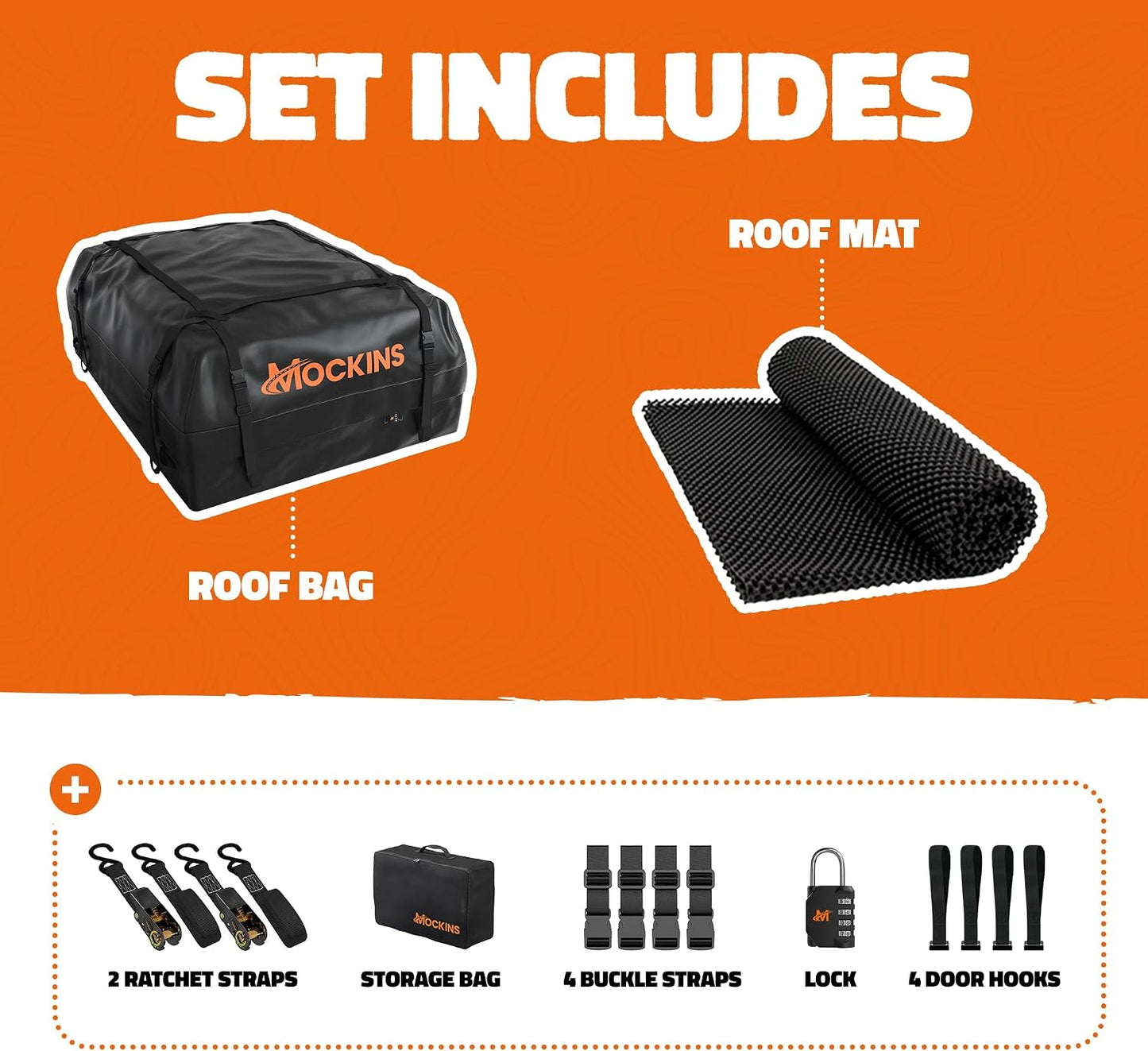 Mockins 16 Cu Ft Weatherproof No Rack Rooftop Cargo Carrier Bag 45"x34"x18" | Rooftop Cargo Bag for Top of Car | Car Topper Luggage Carrier Waterproof Set w/ Accessories | Vehicle Soft-Shell Carriers