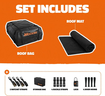 Mockins 16 Cu Ft Weatherproof No Rack Rooftop Cargo Carrier Bag 45"x34"x18" | Rooftop Cargo Bag for Top of Car | Car Topper Luggage Carrier Waterproof Set w/ Accessories | Vehicle Soft-Shell Carriers