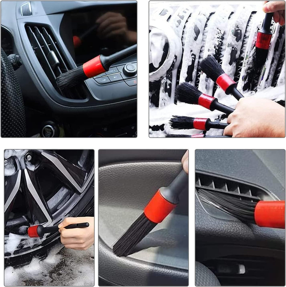 Nurkul 11Pcs Auto Detailing Set, Boar Hair Brushes, Steel Wire & A/C Brushes, Red, Soft Bristles, Wood Handles for Cleaning Interior, Exterior, Leather, 6 Sizes